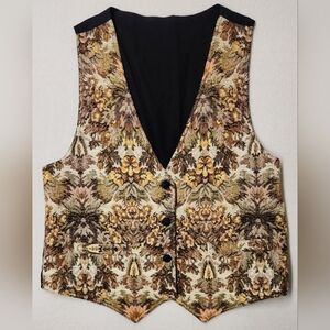 Cottagecore Botanical Floral Tapestry Vest Sz L Grannycore Boho Gold Waistcoat